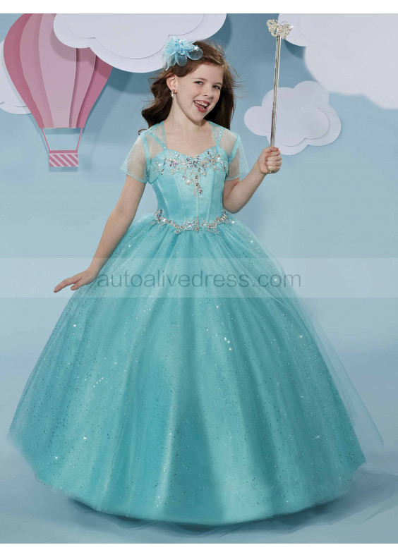 Beaded Aqua Embroidery Lace Tulle Flower Girl Dress With Cape